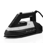 Non-stick steam iron for hotels with lighted temperature button, auto shut off, iron hanger, black or grey color options, shot of steam, rotating cord, water level indicator, adjustable steam settings, 4.4 fl. oz capacity and 1200W power for efficient and professional ironing